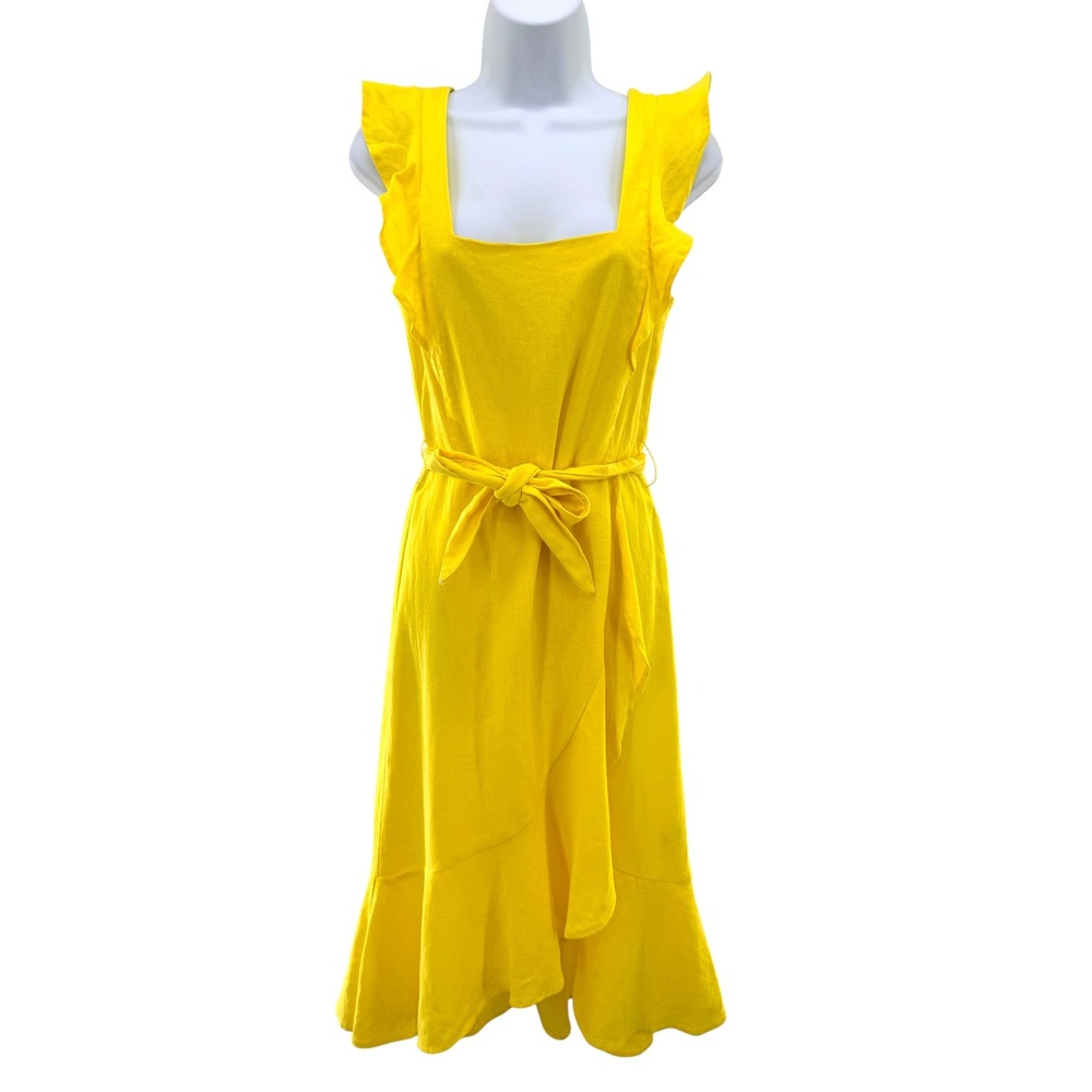 Reserved Yellow Linen Blend Ruffle Wrap Midi Dress Square Neck Tie Waist 8